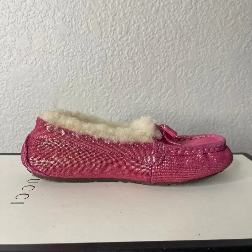 UGG ANNMARIE 003086K Fuschia Pink Glitter Fur Shoes Slip On Girl Kids 1 US/13 UK